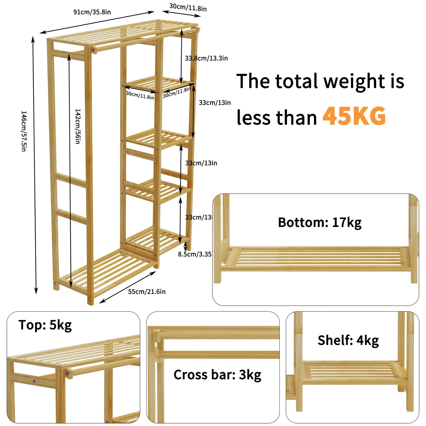 6-Tier Bamboo Garment Rack Open Wardrobe Stand With Hanging Cover