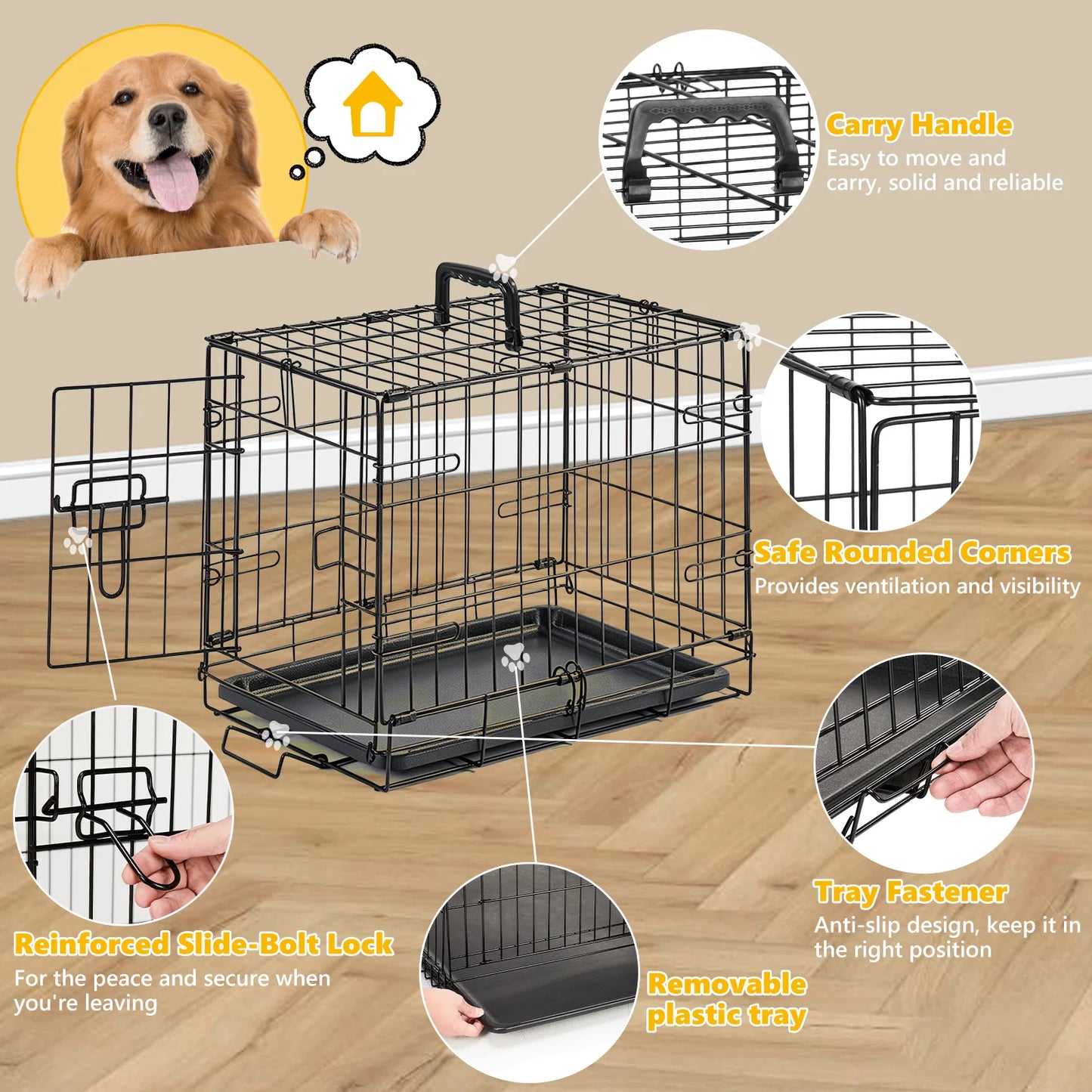 JHK Metal Dog Crate With Secure Lock Foldable Tray For Easy Cleaning