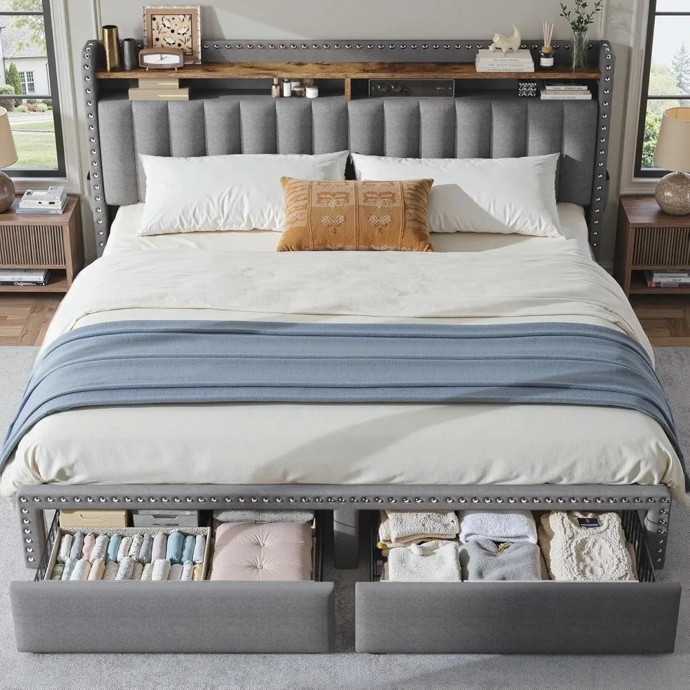 King Platform Bed Frame With Storage Drawers And Headboard Shelf