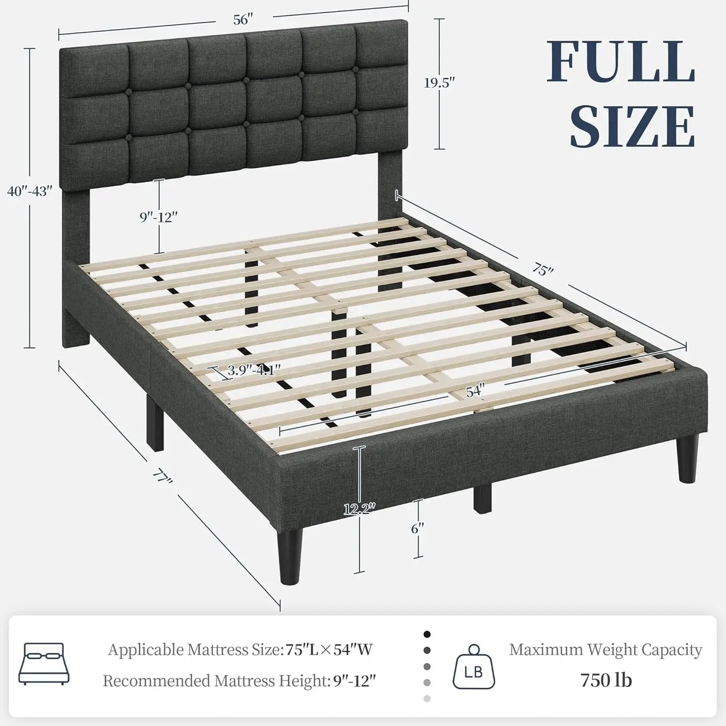 Upholstered Bed Frame With Adjustable Headboard And Square Tufting