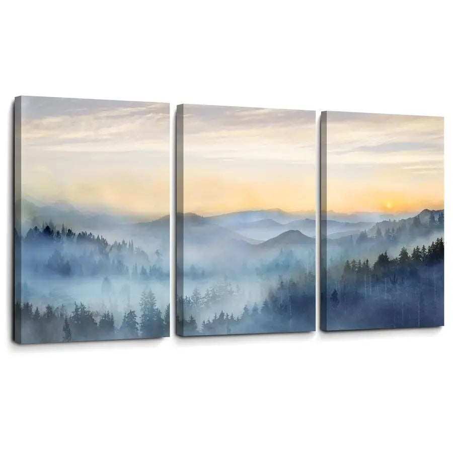 Sunrise Misty Forest Three Panel Wall Art Canvas Framed Decor