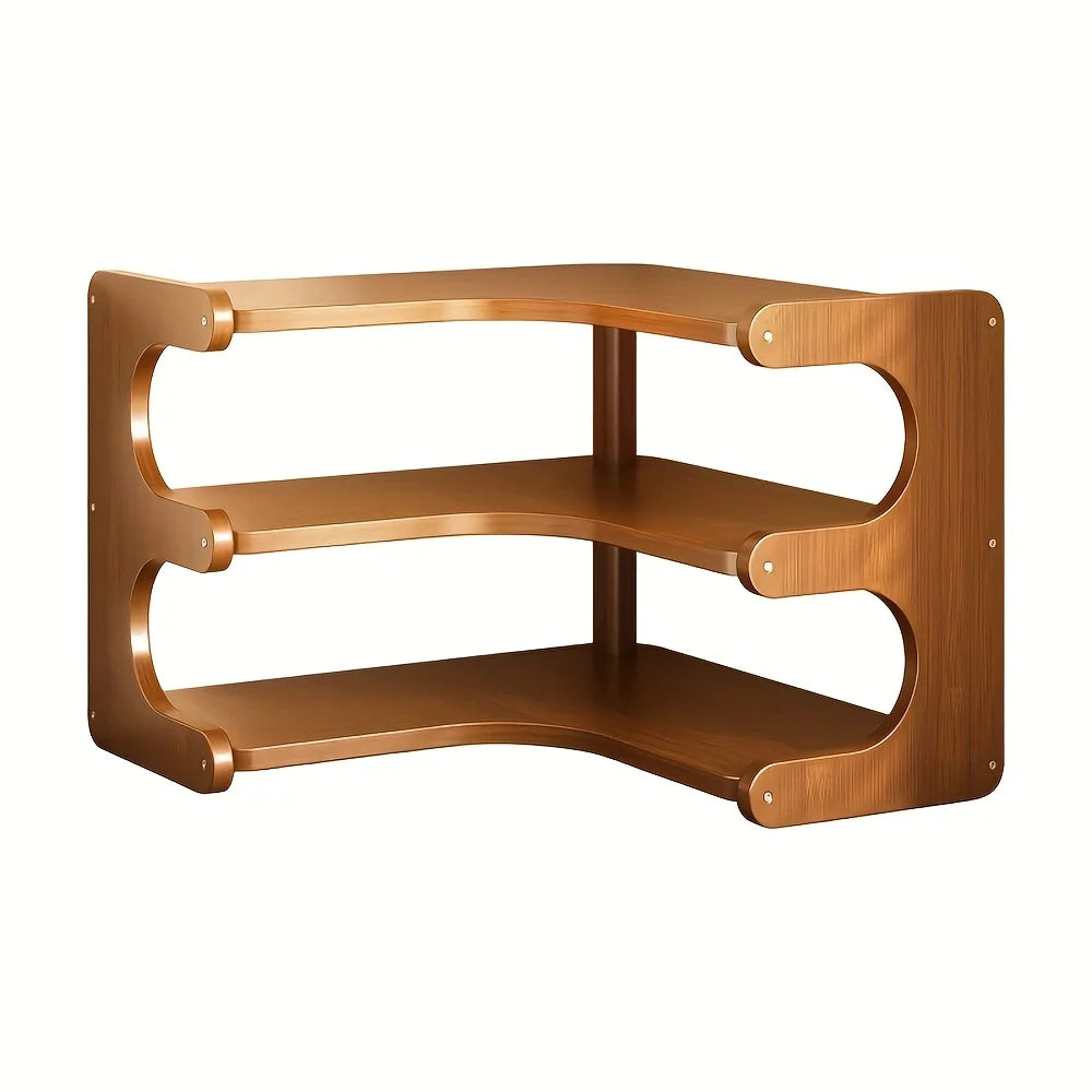 Natural Wood Three-Tier Bamboo Corner Shelf For Plants And Books