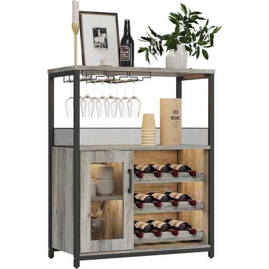 Wine Bar Rack Cabinet with Storage Space & Detachable Wine Rack, Coffee Bar with Glass Holder 3-Tier Kitchen Buffet Cabinet