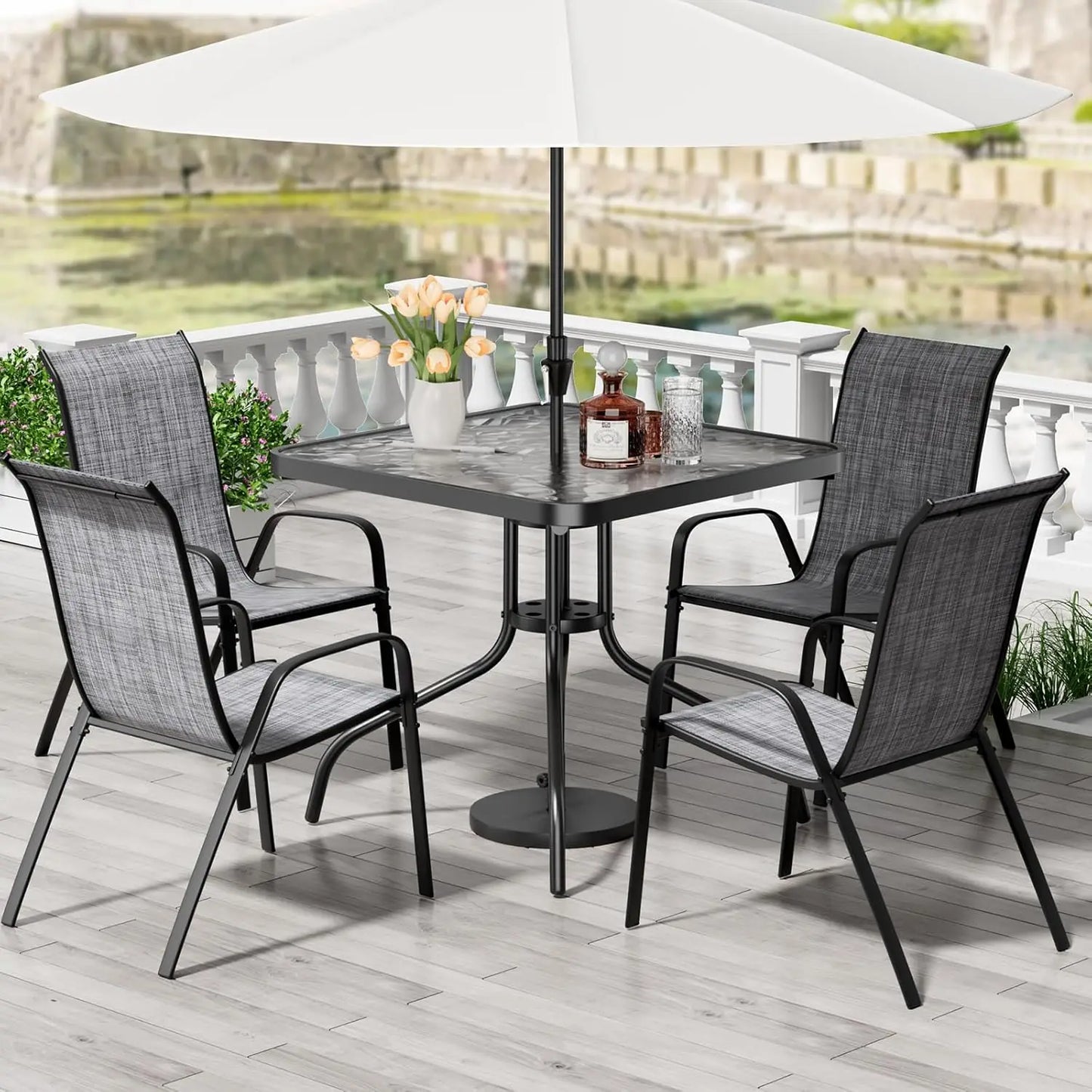 All Weather Patio Dining Set With 4 Stackable Textilene Chairs