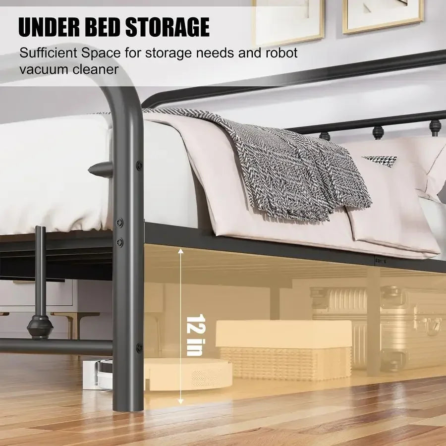 Full Size Metal Platform Bed Frame with Headboard amp Footboard, Steel Slat Mattress Foundation, Under Bed Storage, NoiseFree,
