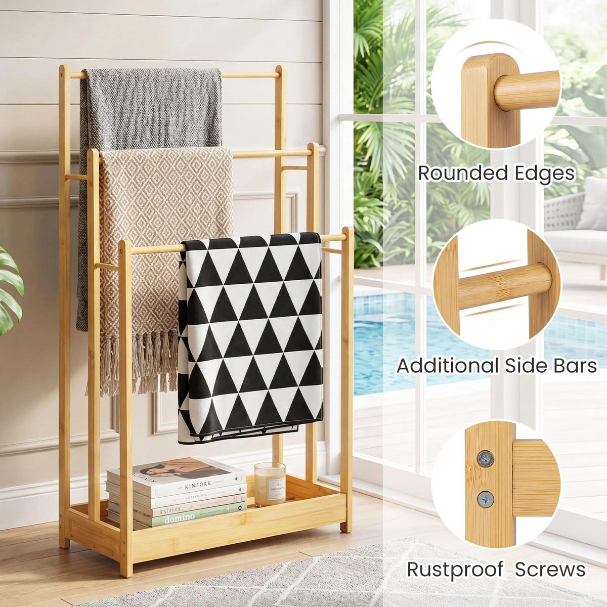 Freestanding Bamboo Towel Rack with Storage Shelf for Bathroom Organization