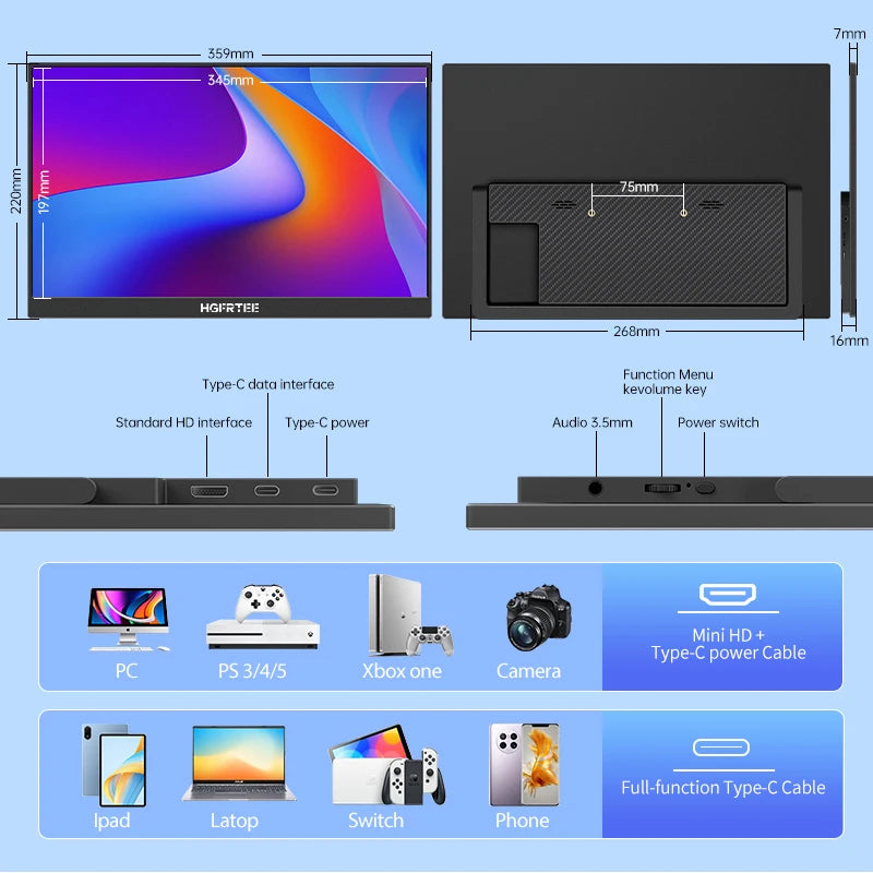 HGFRTEE Portable FHD IPS Monitor for Laptops Type C HDMI