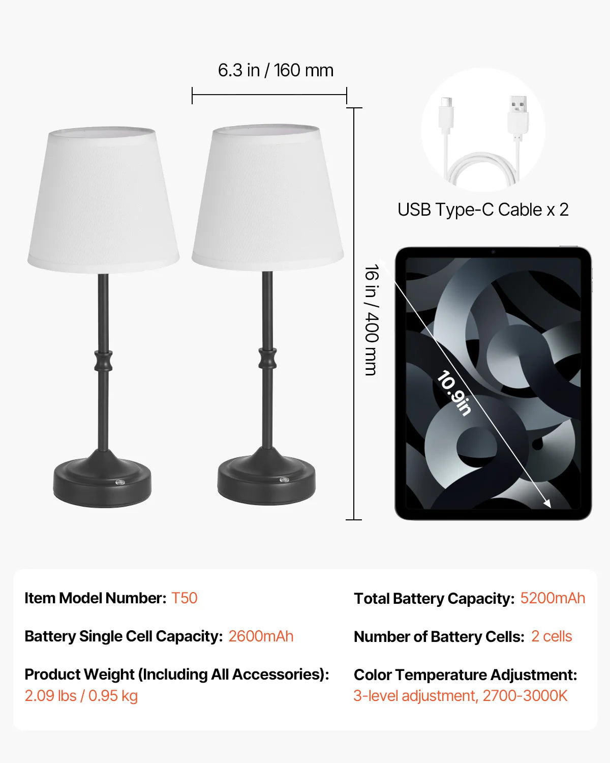 SucceBuy Cordless Table Lamp 5200mAh Rechargeable Battery 3 Brightness Levels