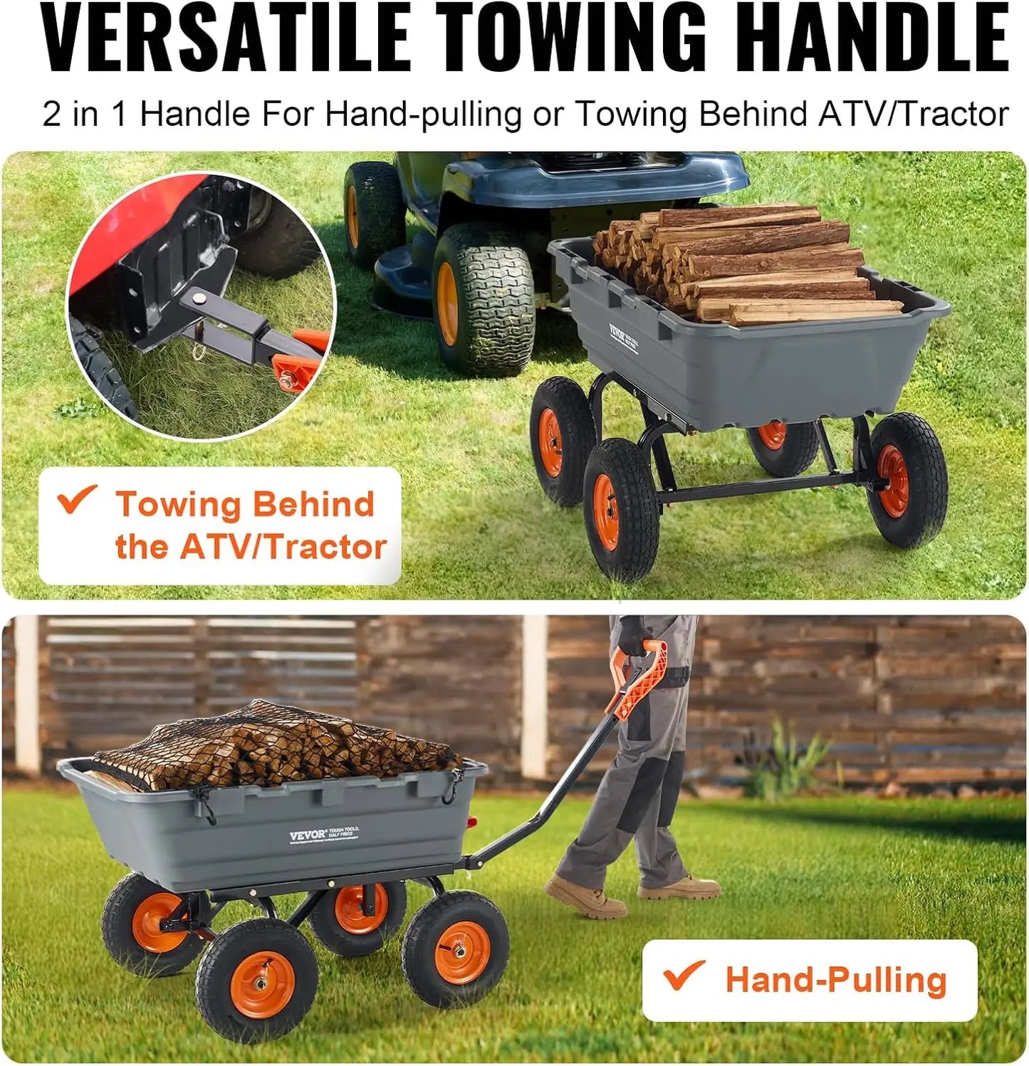 XMSJ Garden Dump Cart With 2 In 1 Convertible Handle And All Terrain Wheels