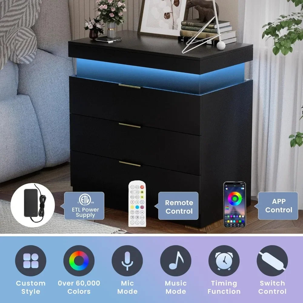 Nightstand With LED Lighting And Charging Station, Sliding Top, Three-Drawer