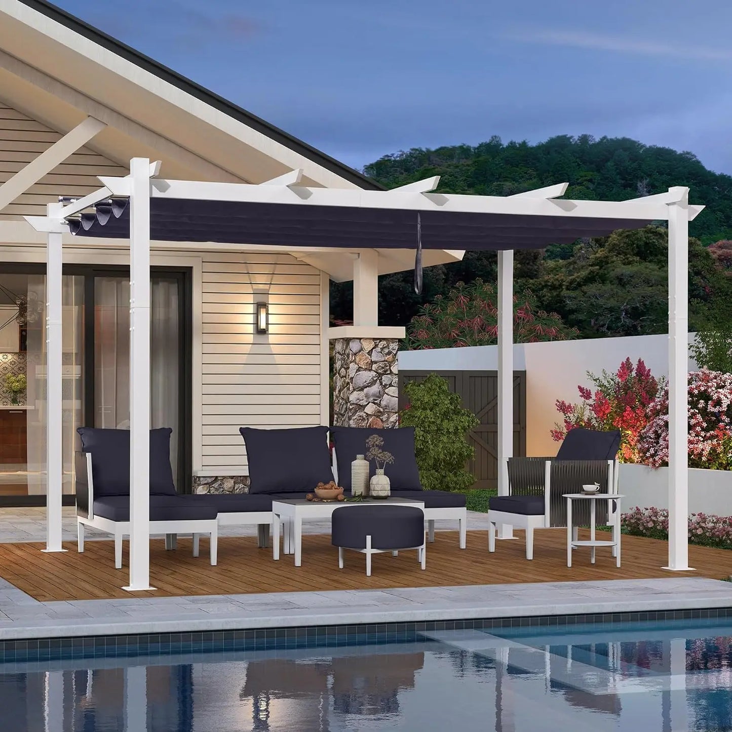 Aluminum Pergola With Retractable Double Canopy Wind Resistant Outdoor
