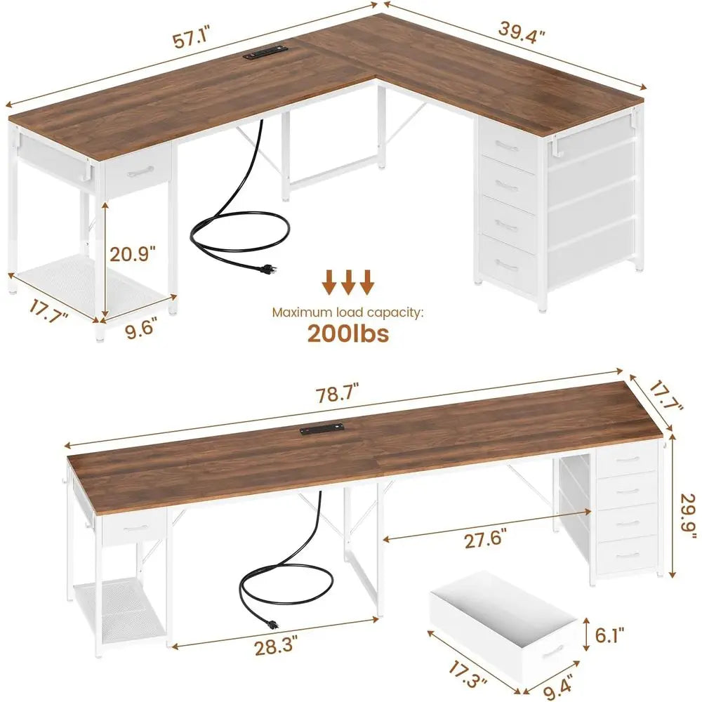 57 Inch L Shaped Desk With 5 Drawers And Power Outlet