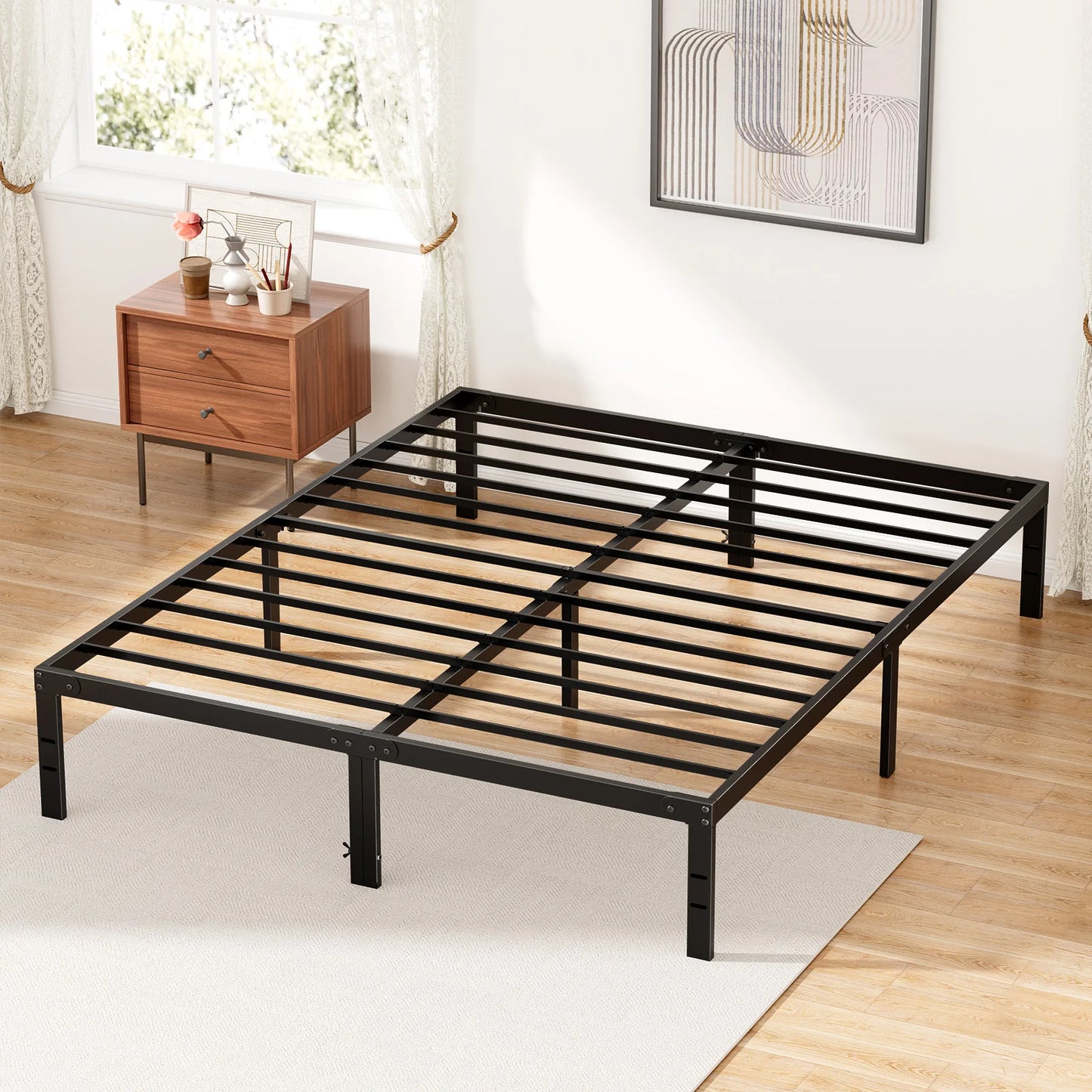 JHK Basic Metal Bed Frame with Storage and Sturdy Slats