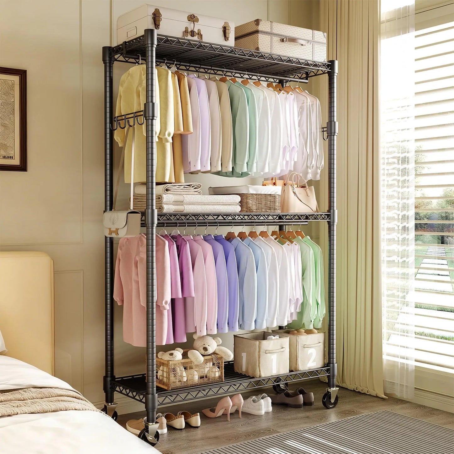 HiMISS 3-Tier Rolling Garment Rack With Adjustable Shelves