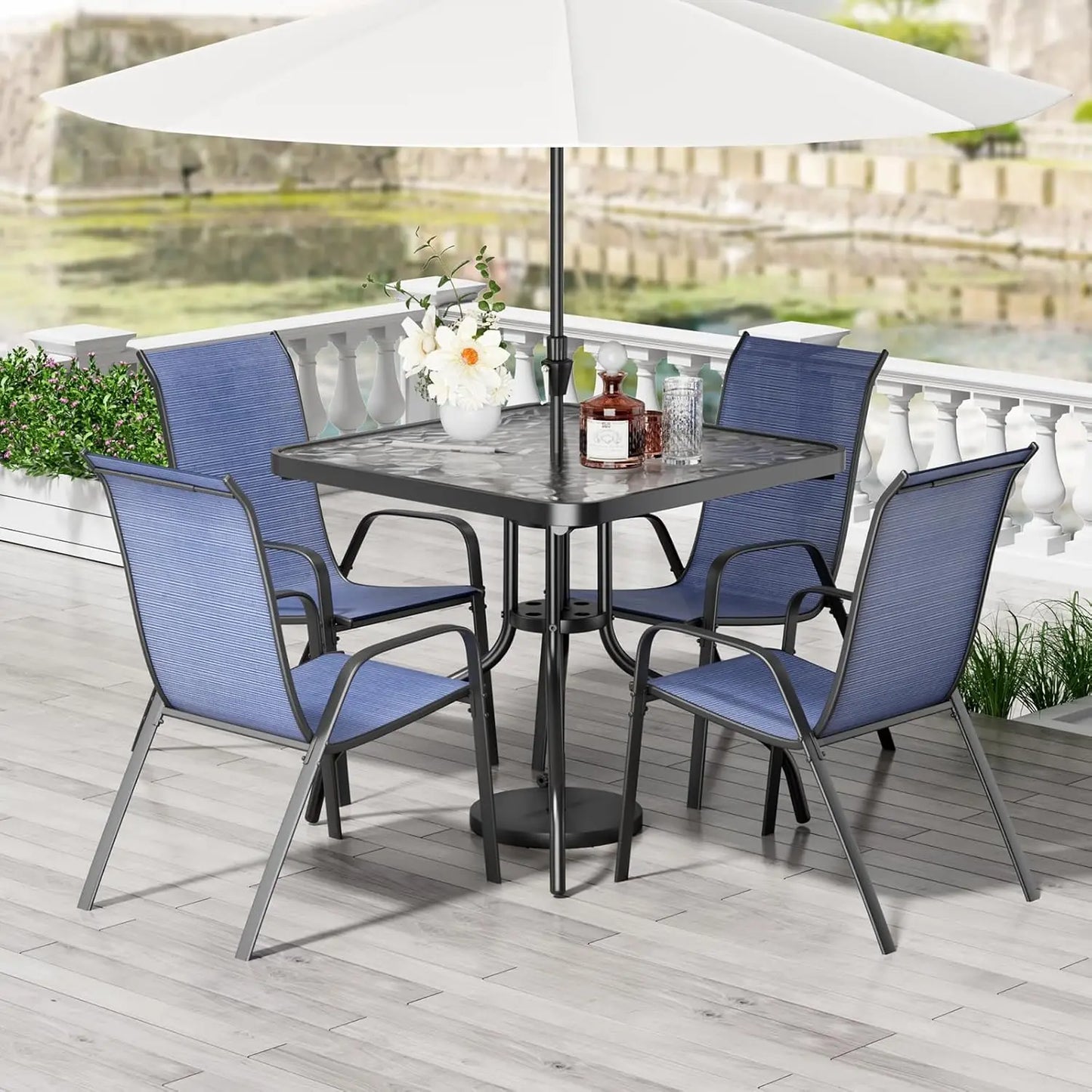 All Weather Patio Dining Set With 4 Stackable Textilene Chairs