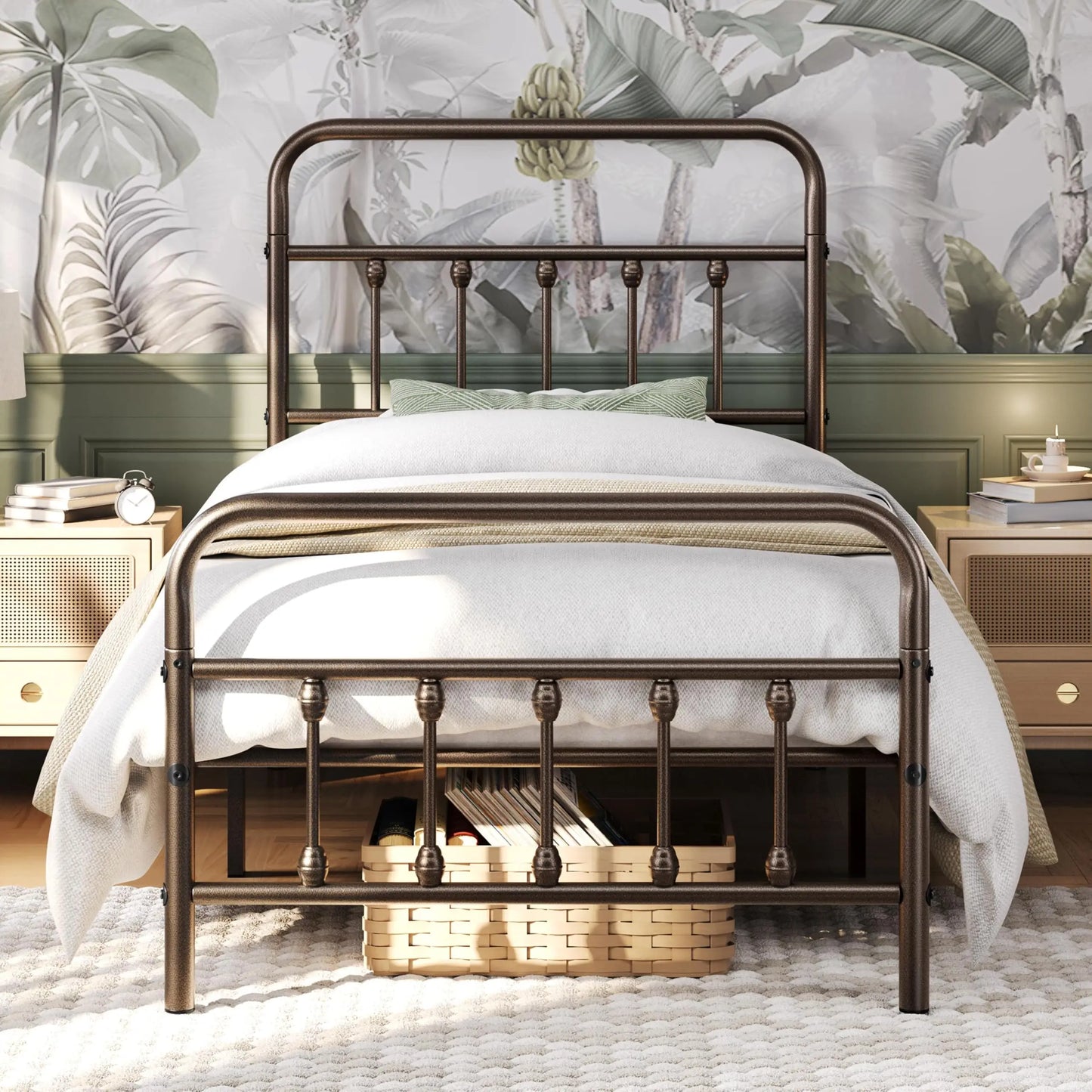Classic Metal Platform Bed Frame Mattress Foundation with Victorian Style Iron-Art Headboard/Footboard/Under Bed Customized