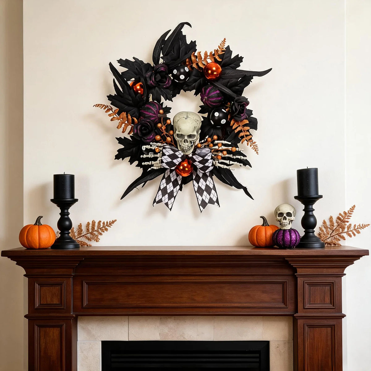 HiMiss Gothic Halloween Skeleton Wreath Front Door Decor