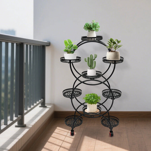 6-Tier 9-Pot Metal Plant Stand 148LBS Total Load 360° Universal Wheels Hollow Tray For Indoor Outdoor Patio Garden