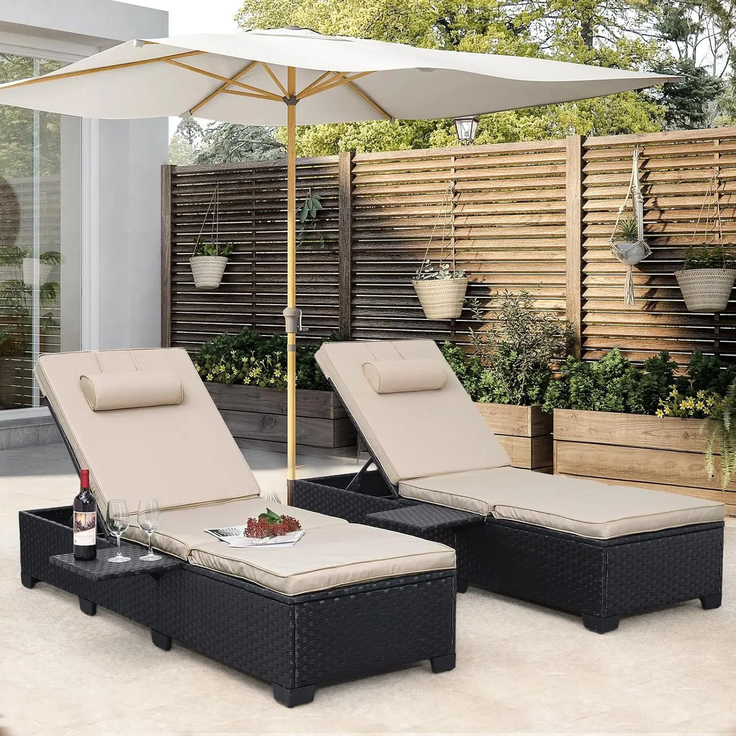 Outdoor Wicker Chaise Lounge Set for Patio with Cushions