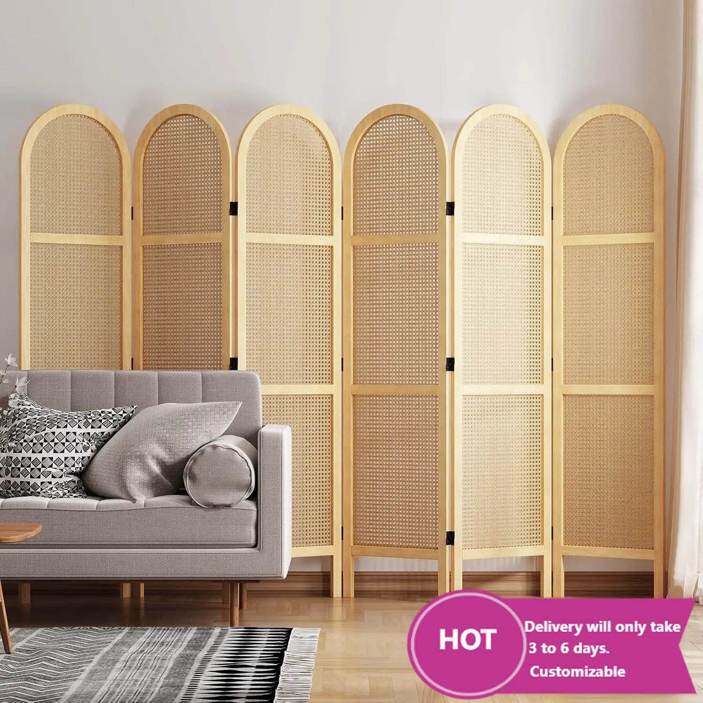 Foldable Rattan Privacy Screen Partition Six Piece Indoor Divider