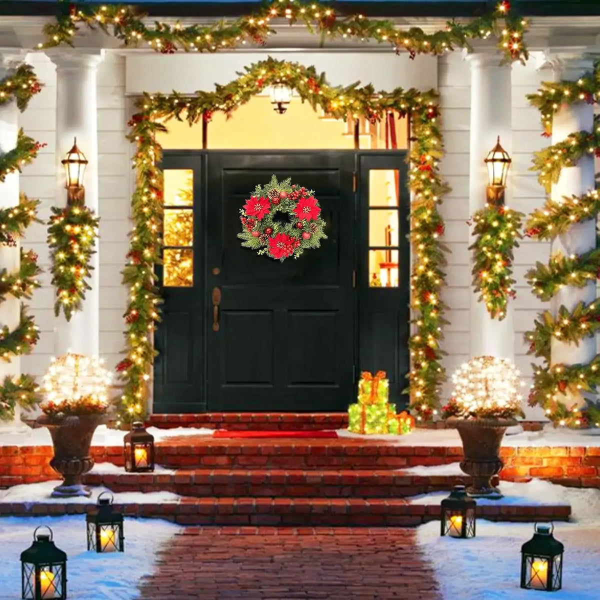 Garvee Christmas Wreath With Red Poinsettia Flowers For Holiday Decor