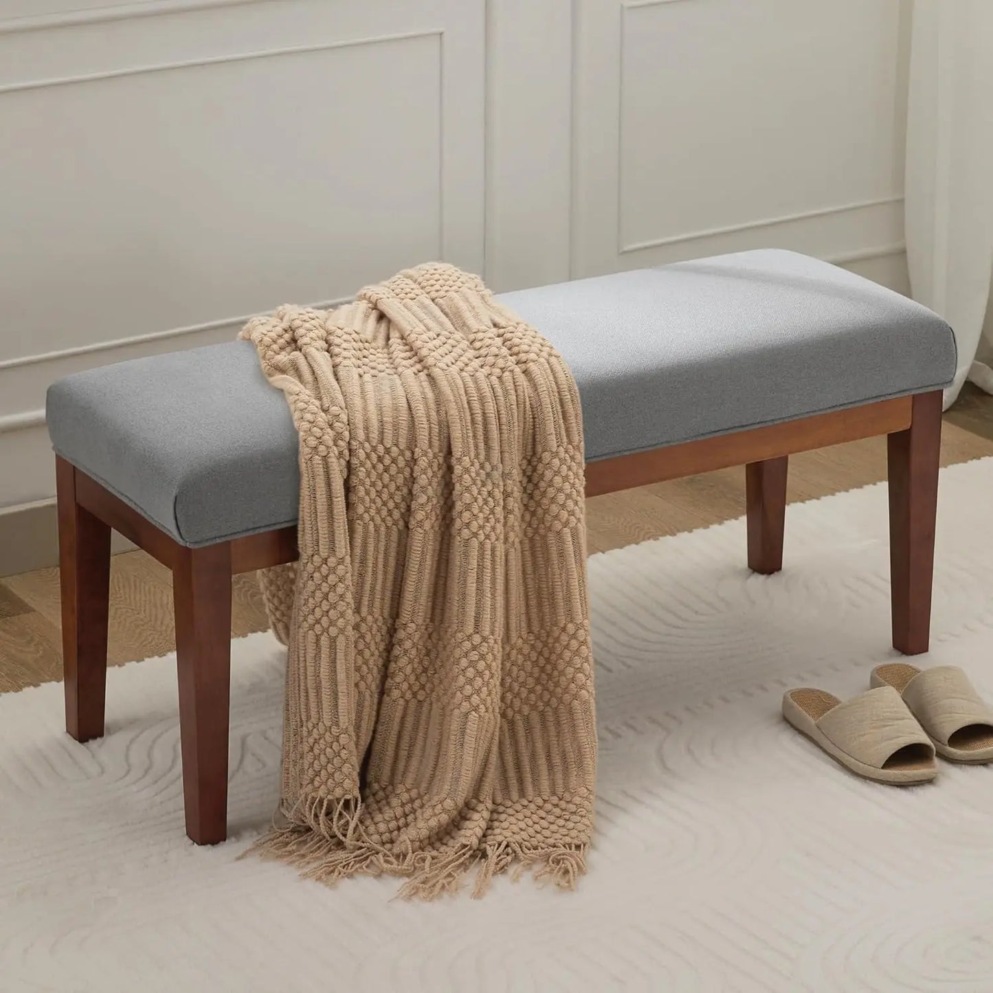 Linen Upholstered Bedroom Bench for End of Bed and Entryway