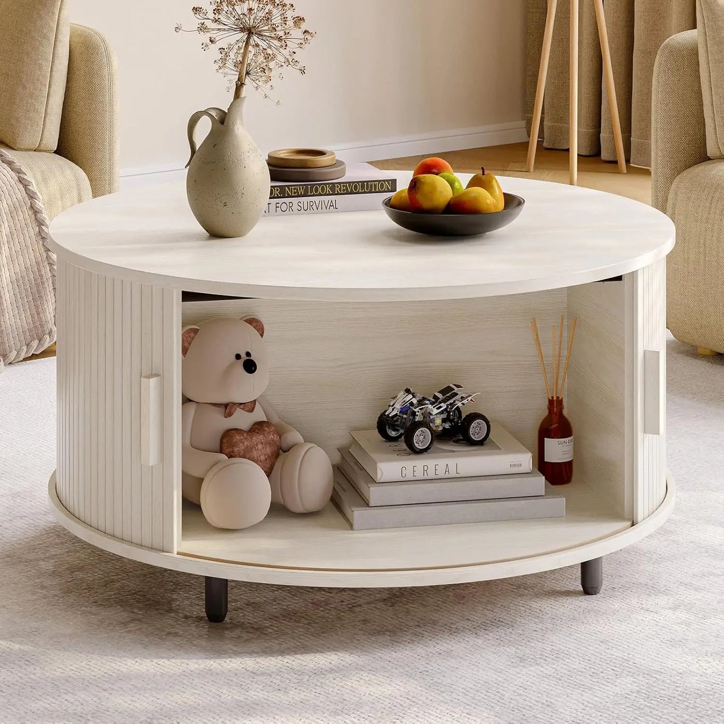 Round Coffee Table With Storage Drum Design And Sliding Door