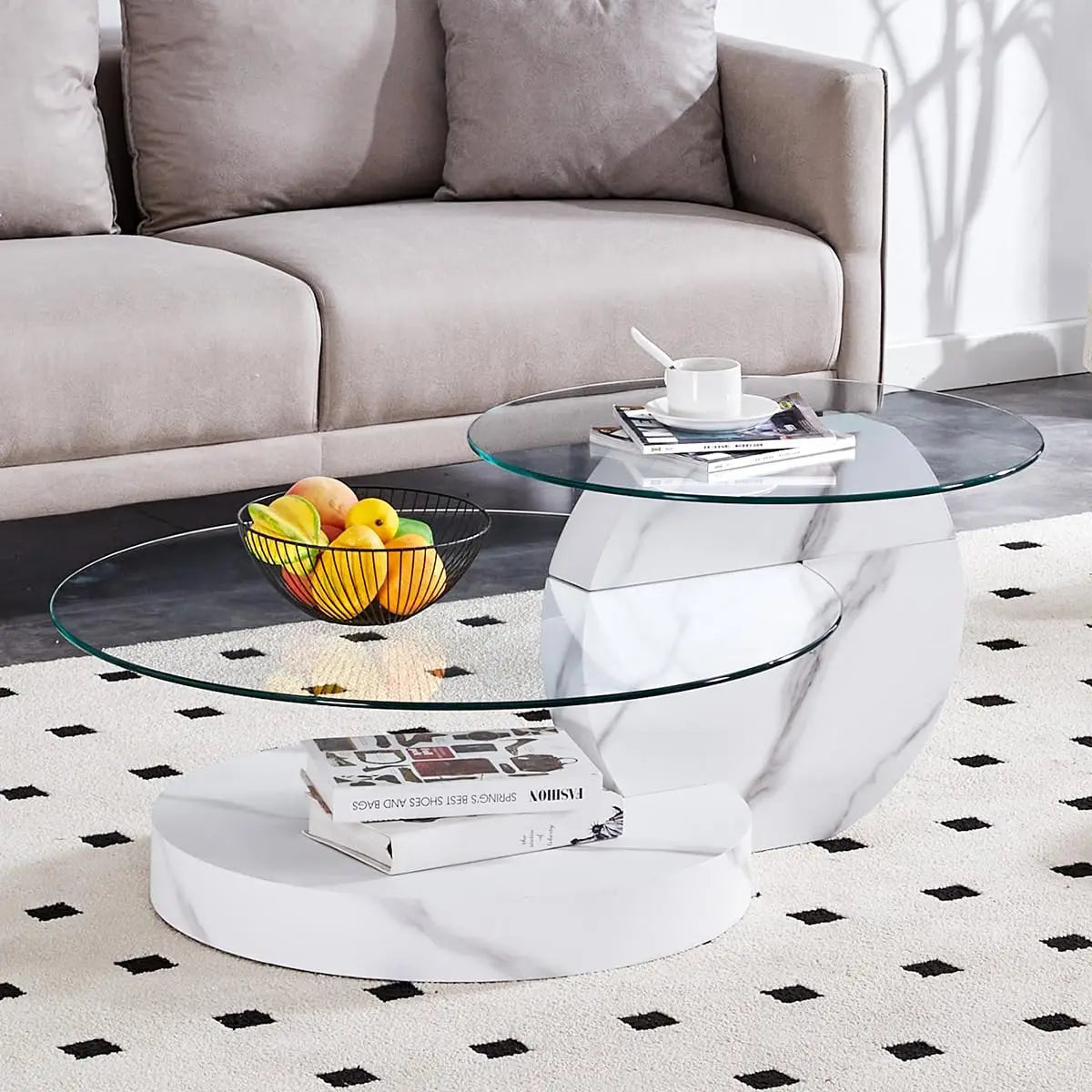 Tempered Glass Coffee Table With Three Tier Wood Base