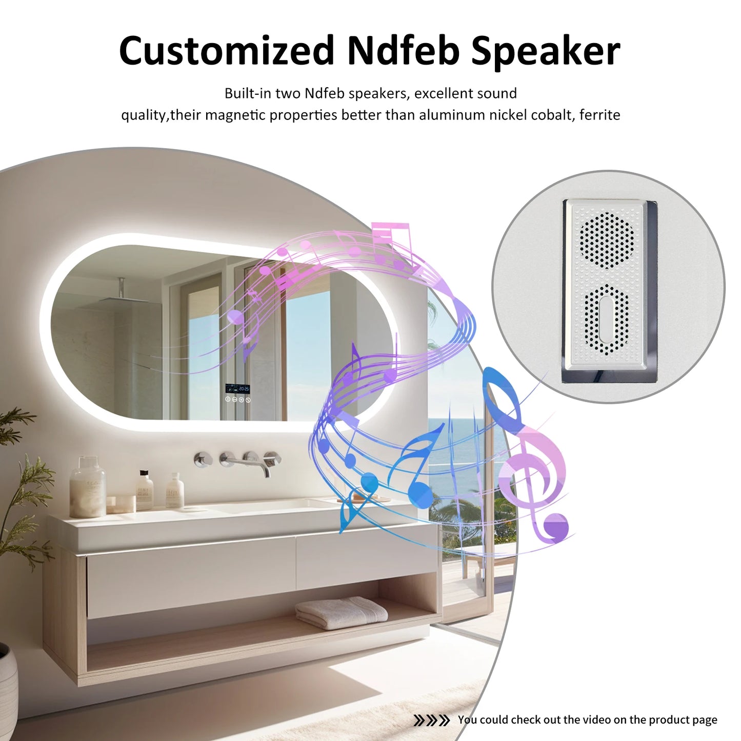 Wisfor Oval LED Bathroom Mirror With Lights Anti Fog Bluetooth Speaker