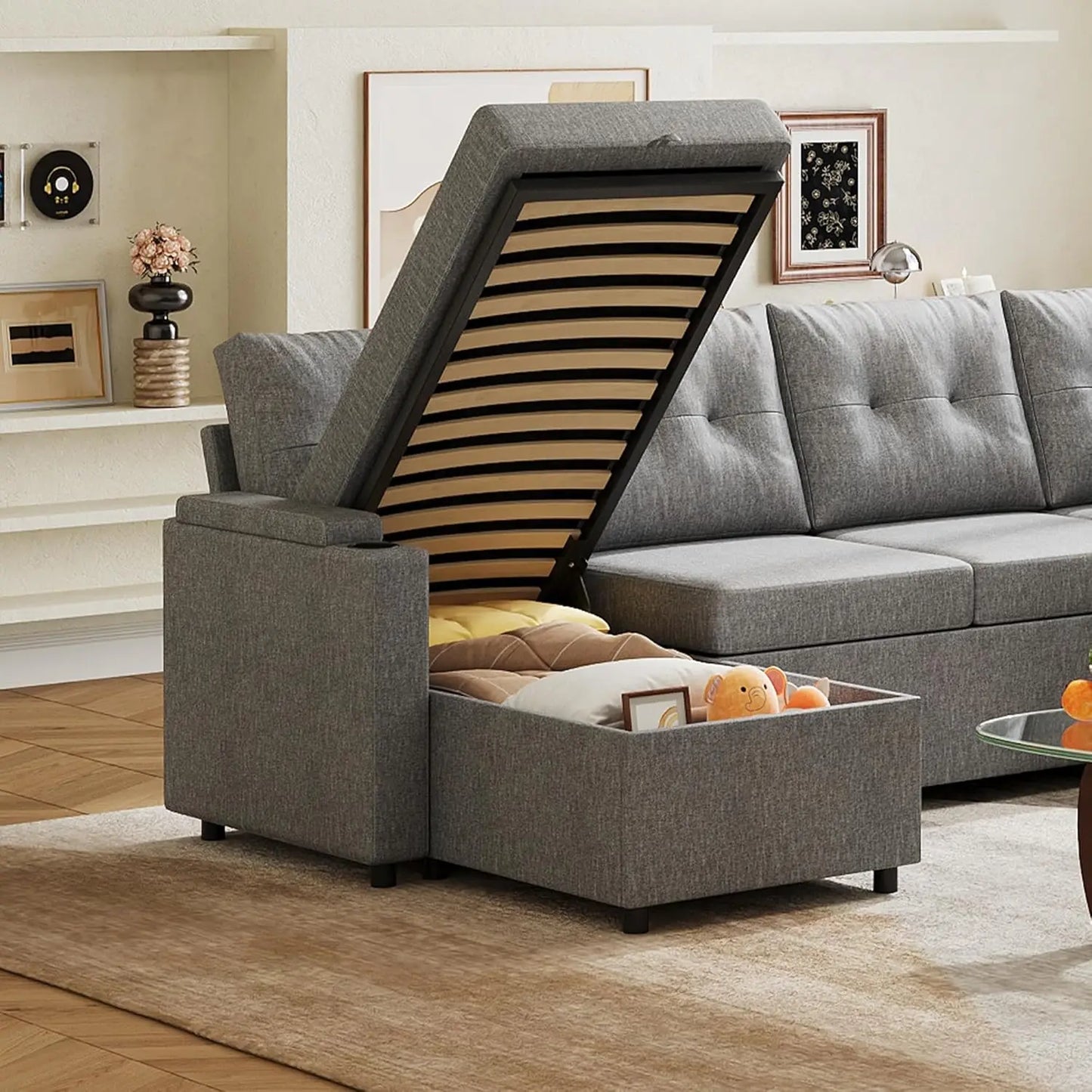 Sectional Sofa With Storage Chaise And Sleeper In Linen