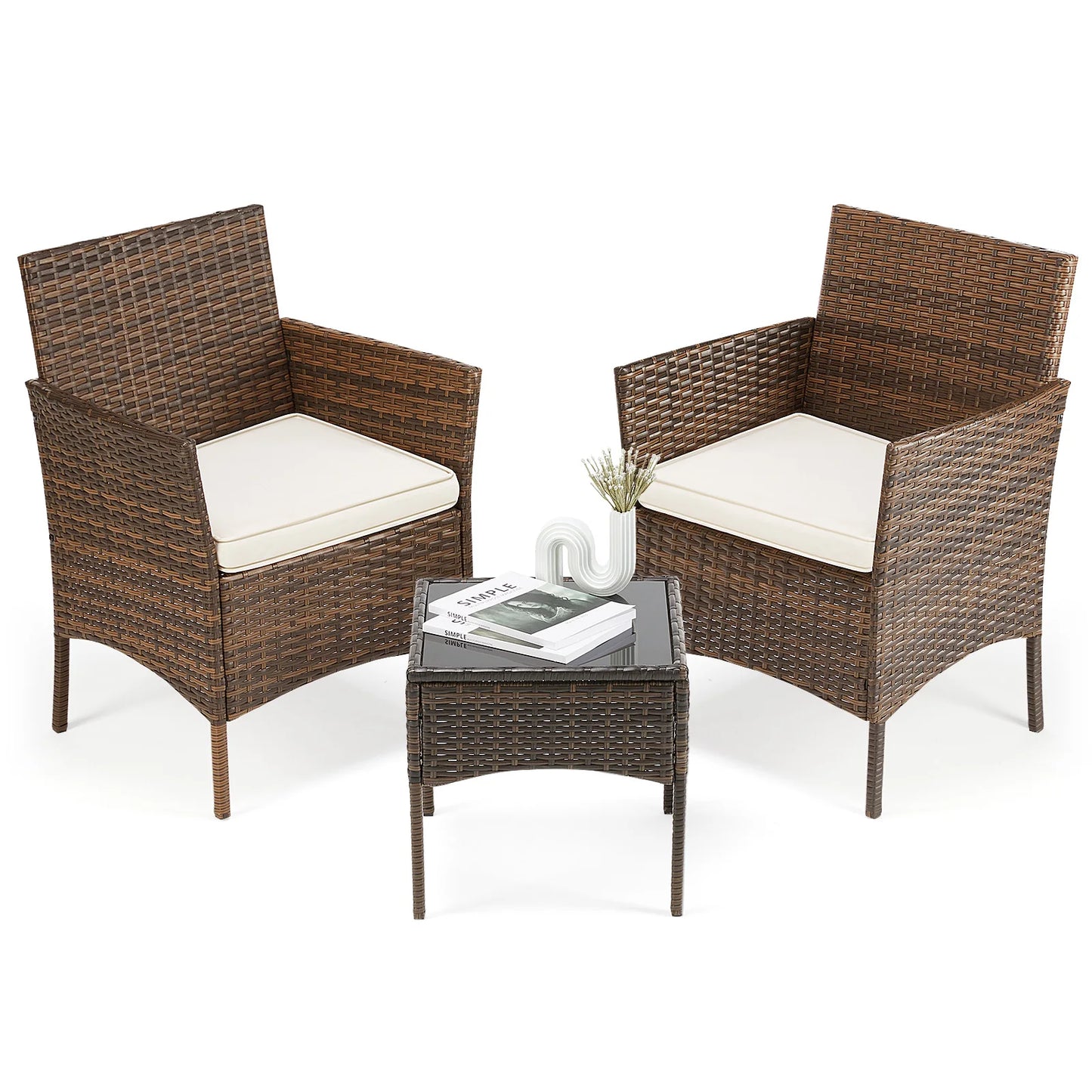 3 Piece Outdoor Patio Furniture Set Rattan Wicker With Glass Table