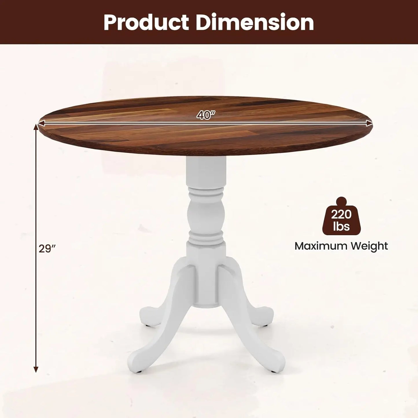 Round Dining Table for 4, 40 Inch Farmhouse Round Kitchen Table with Heavy-Duty Rubber Wood Frame & Curved Trestle Legs