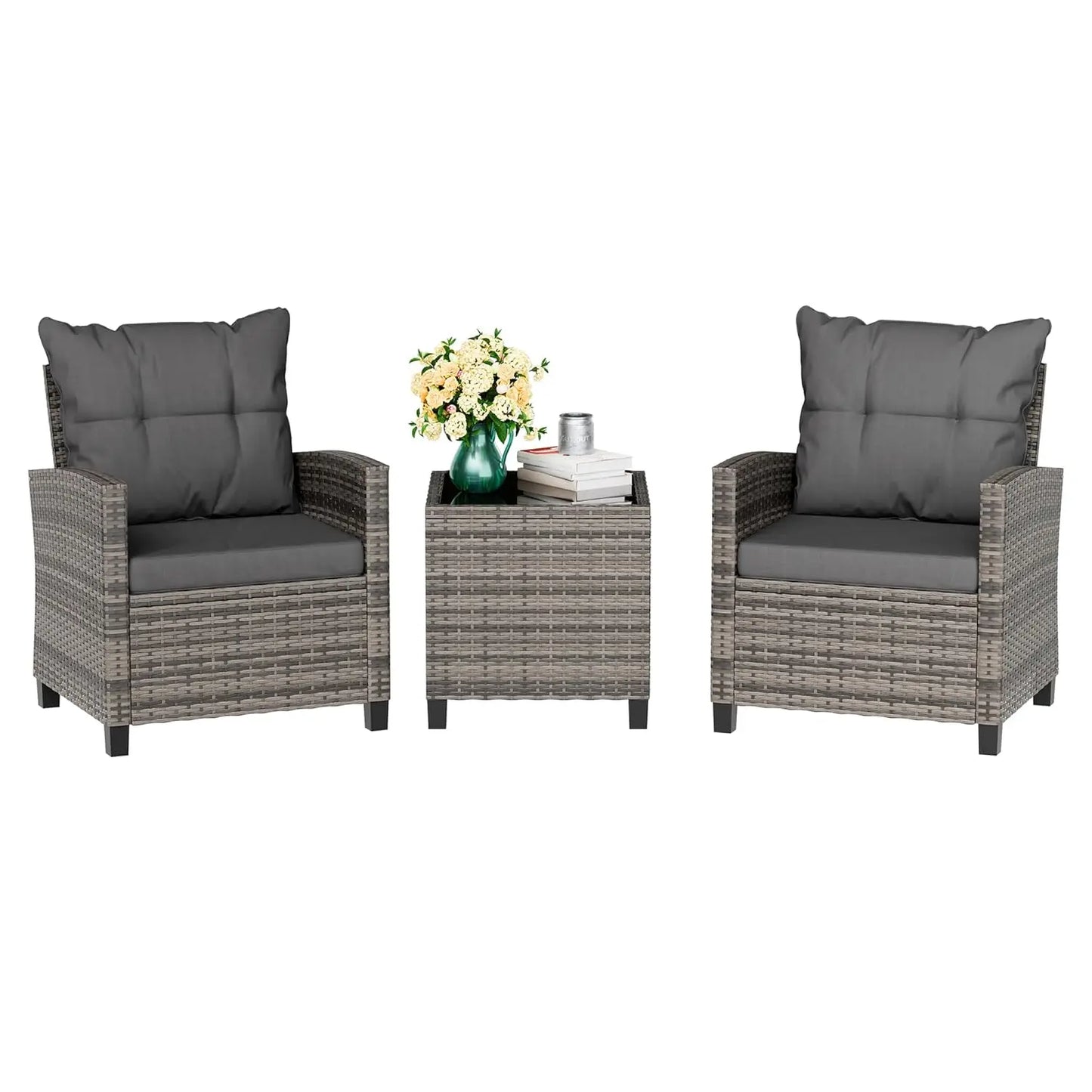 3 Piece Patio Furniture Set Small Outdoor Wicker Rattan Front Porch Bistro Set Cushioned Patio Chairs Conversation, Customized