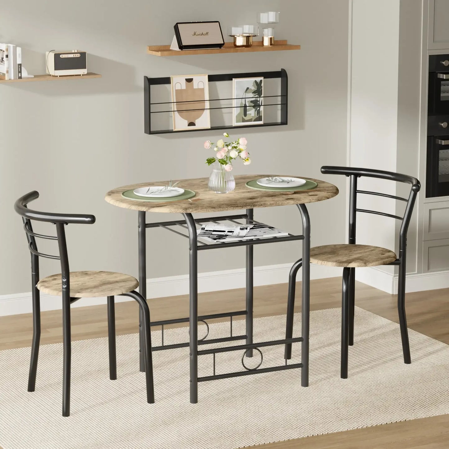 Vineego 3-Piece Small Kitchen Dining Set for 2 Black Wooden Table And Chairs Space Saving Breakfast Set
