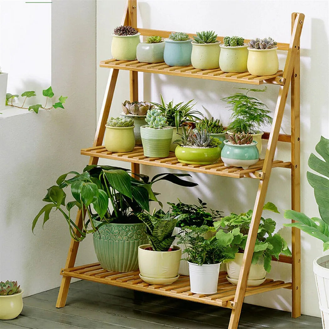Three Tier Bamboo Plant Stand For Indoor Outdoor Display