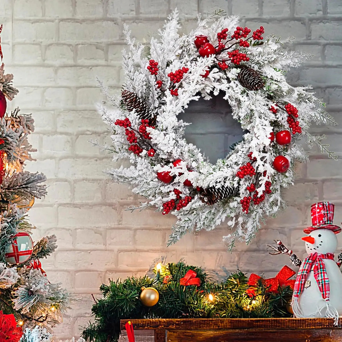 Snow Flocked Christmas Pine Wreath With Red Berries And Pinecones