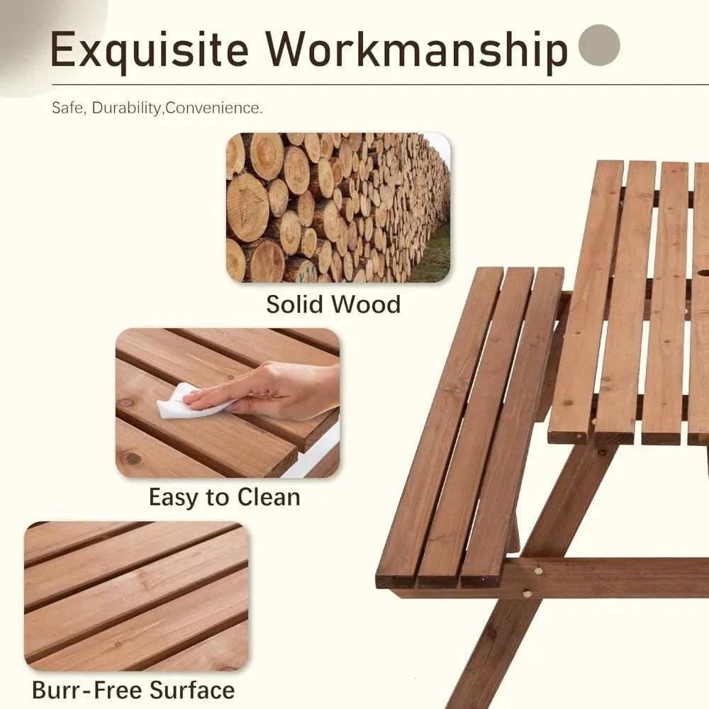 Outdoor Wooden Picnic Table With Benches And Umbrella Hole