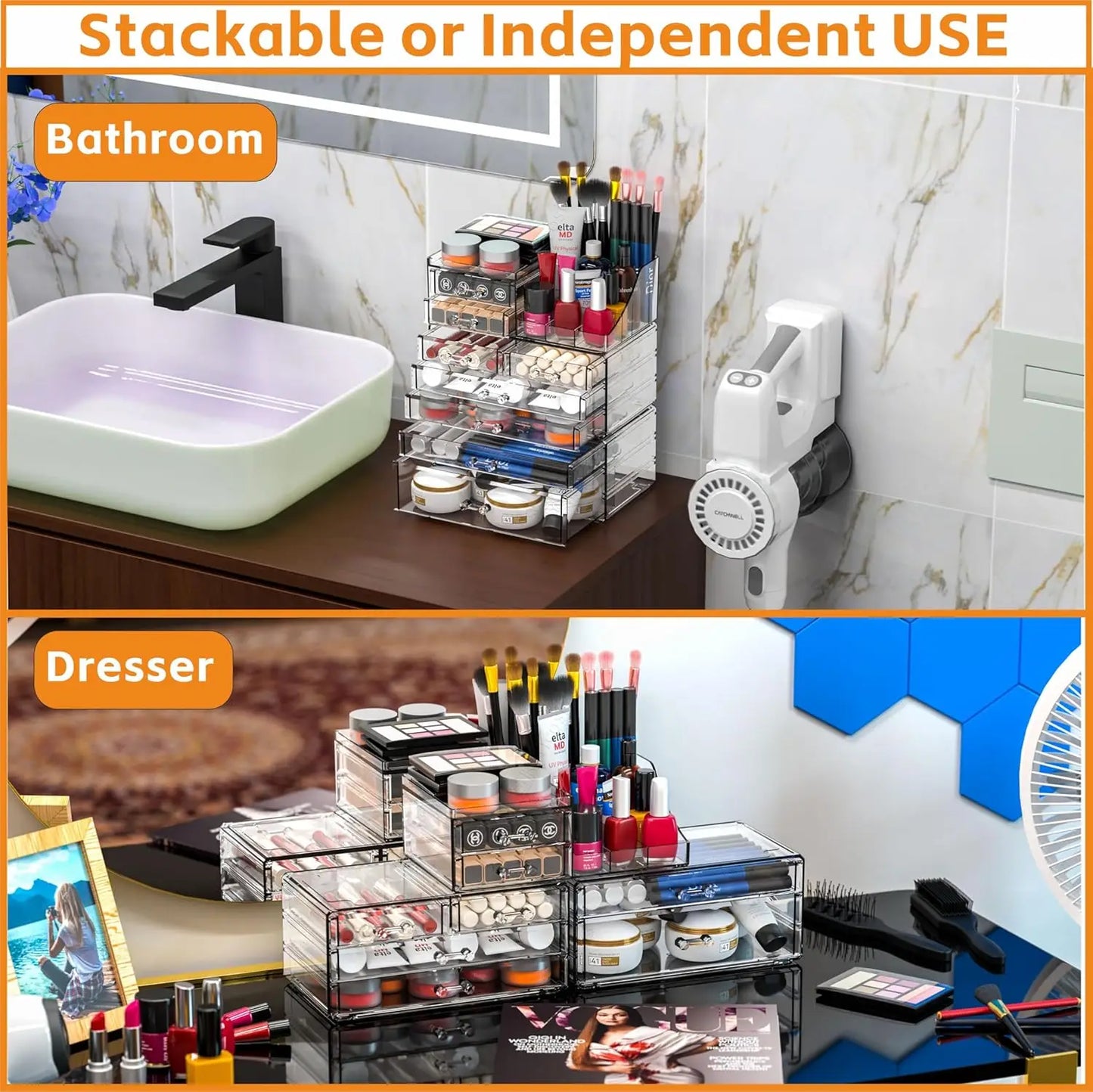 8-Drawer Clear Acrylic Makeup Organizer with Stackable Design for Vanity, Bathroom, and Desk Storage