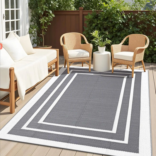 Waterproof Reversible Outdoor Rug 5x8 ft, Plastic Straw Mat for Patio, Camping, Balcony, Deck, Backyard in Grey & White