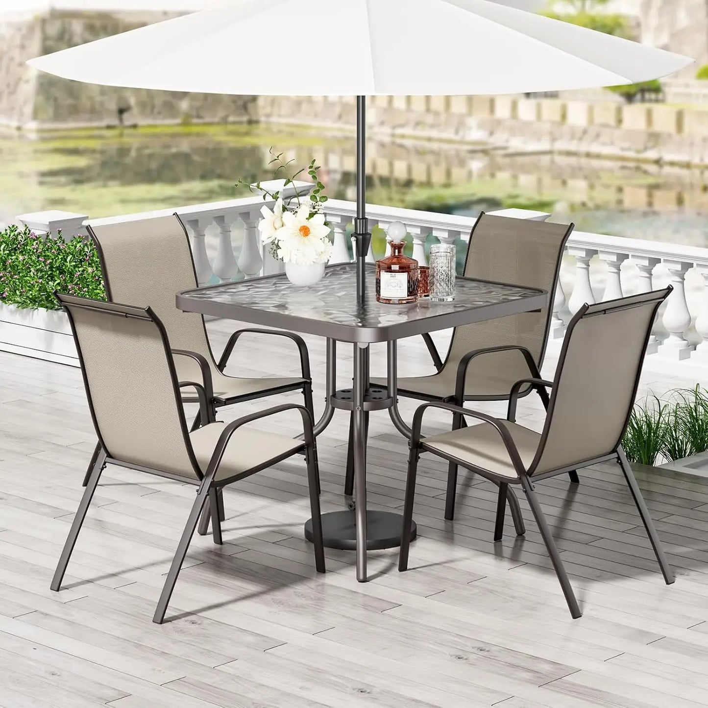 All Weather Patio Dining Set With 4 Stackable Textilene Chairs