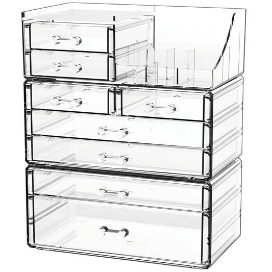 8-Drawer Clear Acrylic Makeup Organizer with Stackable Design for Vanity, Bathroom, and Desk Storage