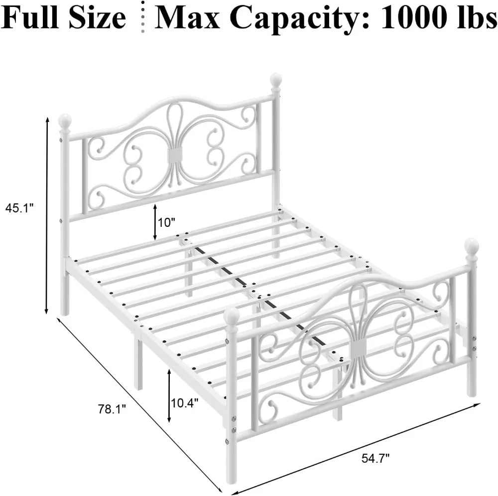 Full Size Metal Platform Bed Frame with Butterfly Headboard, No Box Spring Needed, Easy Assembly, White
