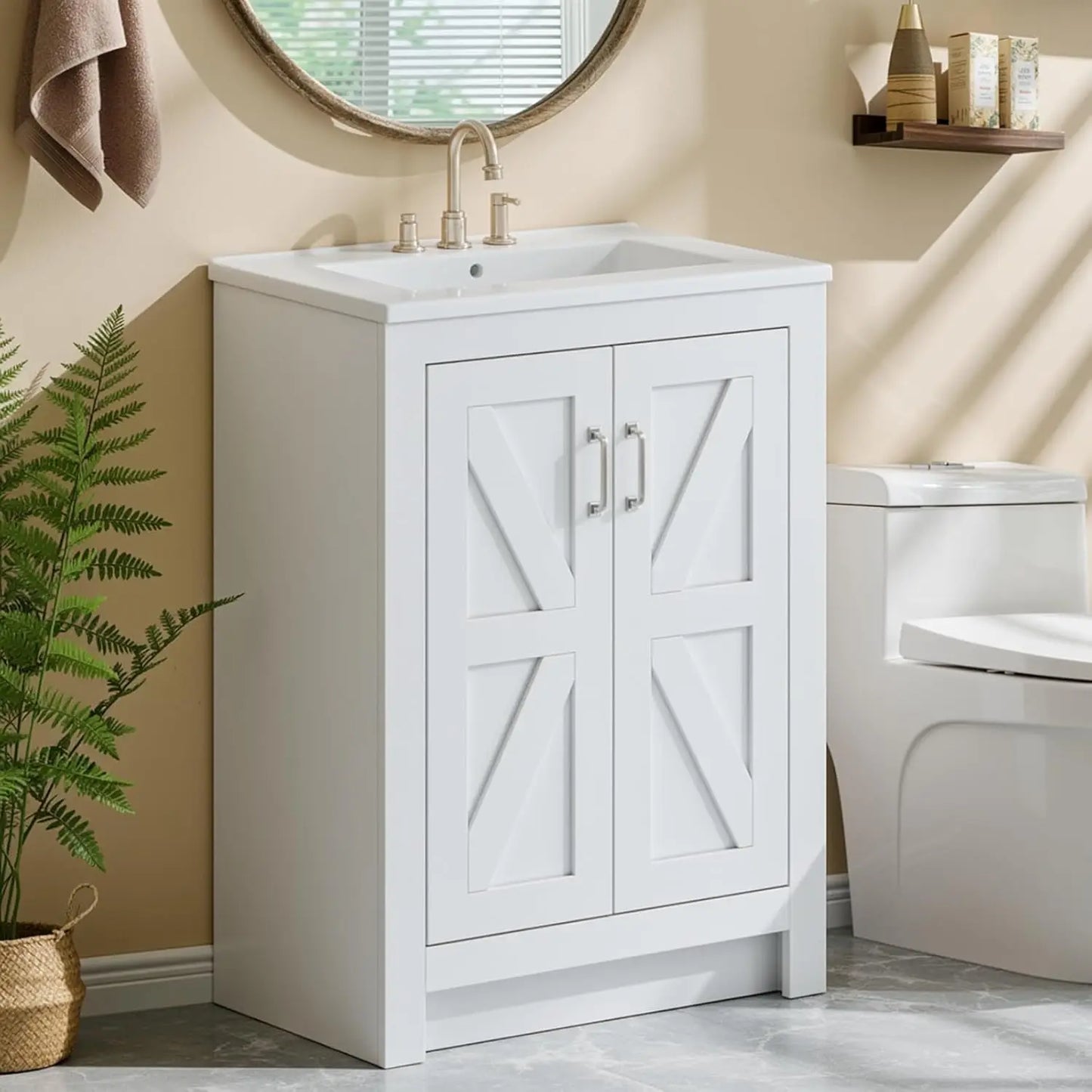 Bathroom Vanity with Ceramic Sink, 24 Inch Bathroom Vanities with 2 Soft-Close Door & Metal Handle, Modern Single, Customized