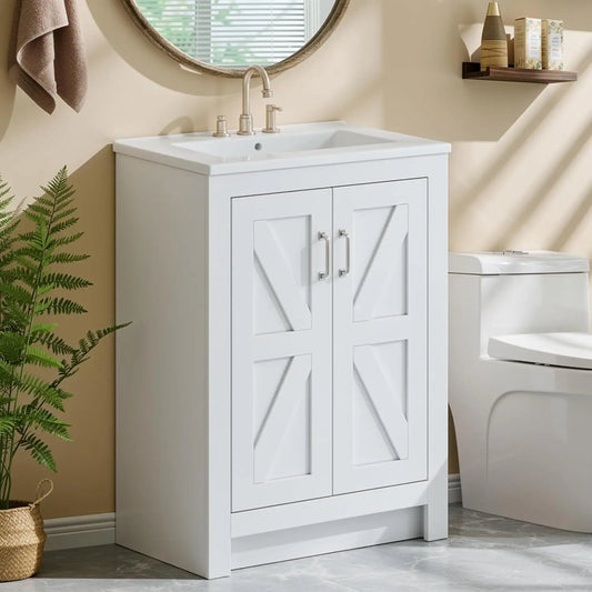 Bathroom Vanity with Ceramic Sink, 24 Inch Bathroom Vanities with 2 Soft-Close Door & Metal Handle, Modern Single, Customized