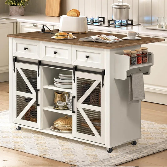 Kitchen Island with Storage, Kitchen Cart with Charging Station, Rolling Kitchen Island Table with Drop-Leaf, 3 Drawers, Barn Do
