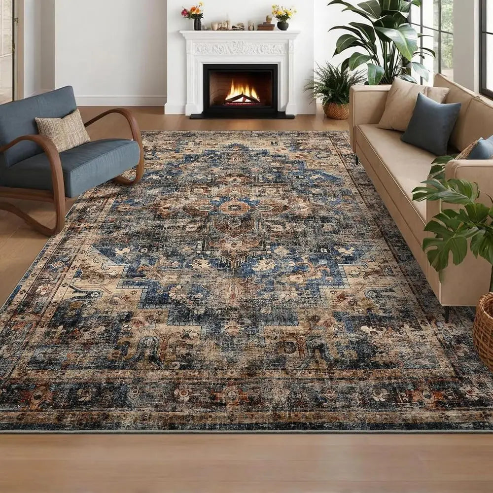 Vintage Living Room Area Rug: Machine Washable, Non-Slip, Stain Resistant Carpet for Indoor, Bedroom, Dining Room - Blue & Brown