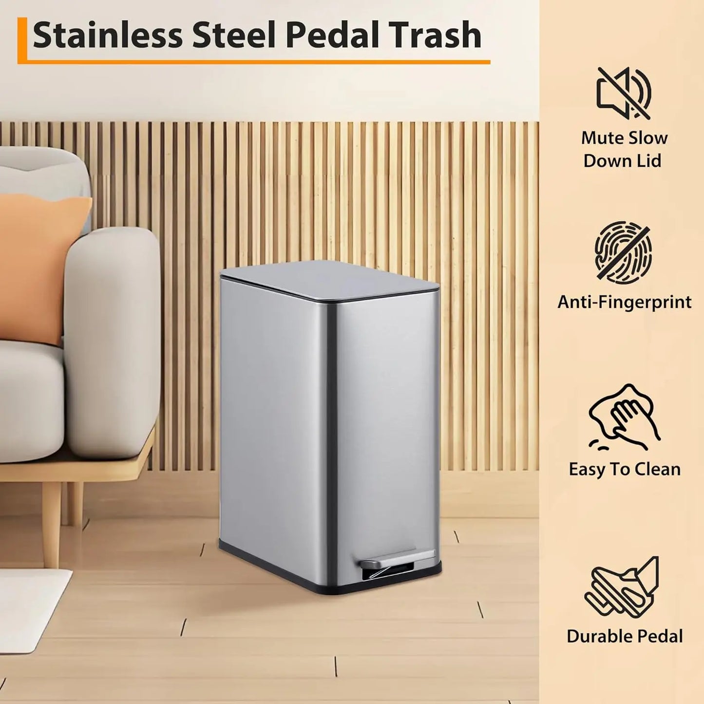 HiMISSCN Stainless Steel Trash Can With Soft Close Pedal