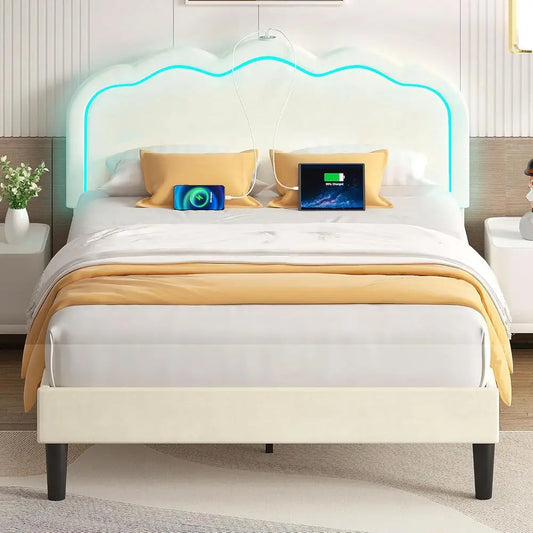 VECELO Upholstered Bed With Adjustable Board LED Lights USB C