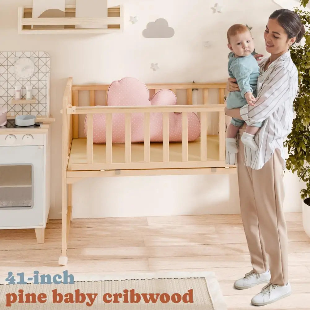 Pine Wood Bedside Bassinet With Detachable Fence And Wheels