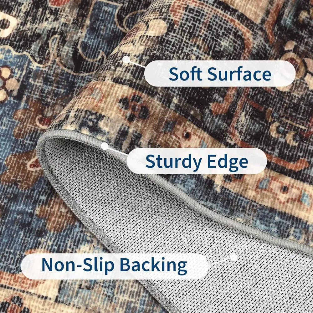 Vintage Living Room Area Rug: Machine Washable, Non-Slip, Stain Resistant Carpet for Indoor, Bedroom, Dining Room - Blue & Brown